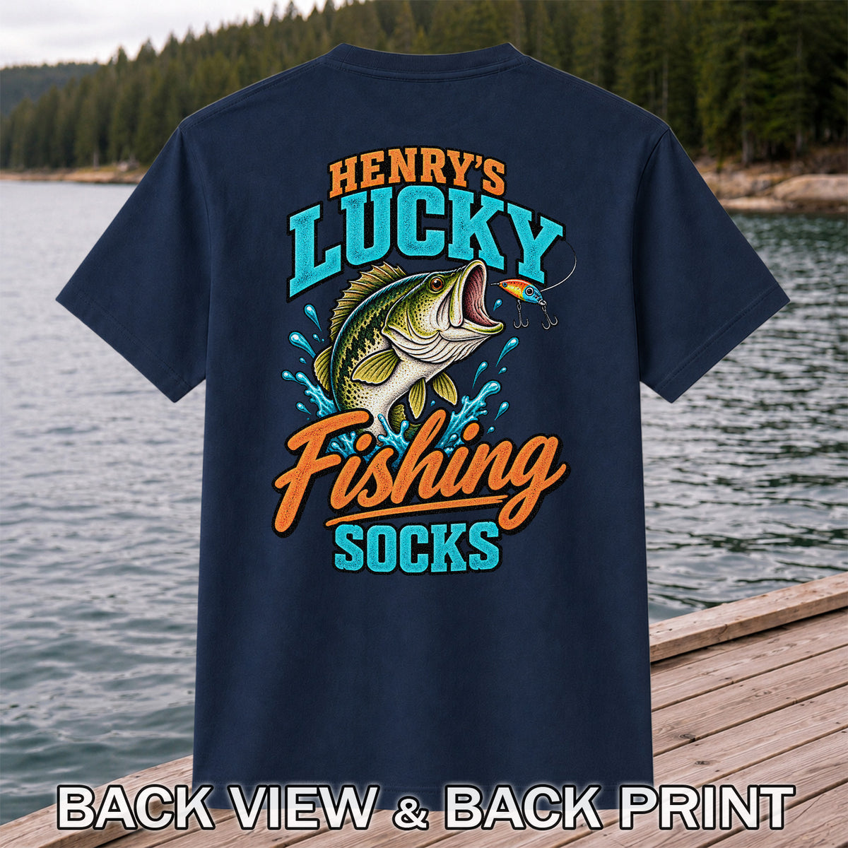 Henry's Lucky Fishing Socks Jumping Bass Graphic T-Shirt | Back Print