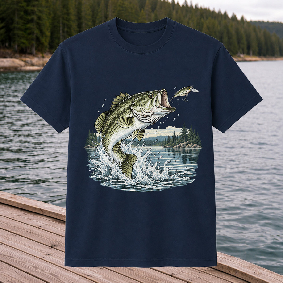 Jumping Largemouth Bass Chasing a Lure Lake Fishing Graphic T-Shirt