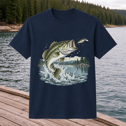 Jumping Largemouth Bass Chasing a Lure Lake Fishing Graphic T-Shirt