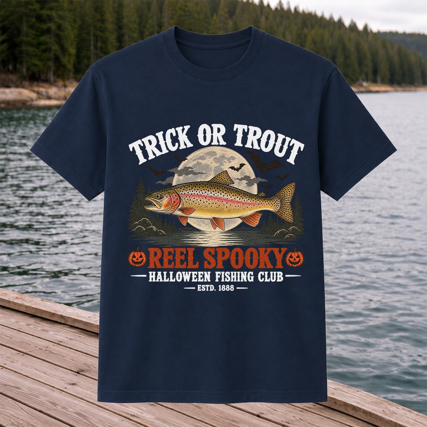 Trick or Trout Reel Spooky Halloween Fishing Club T-Shirt