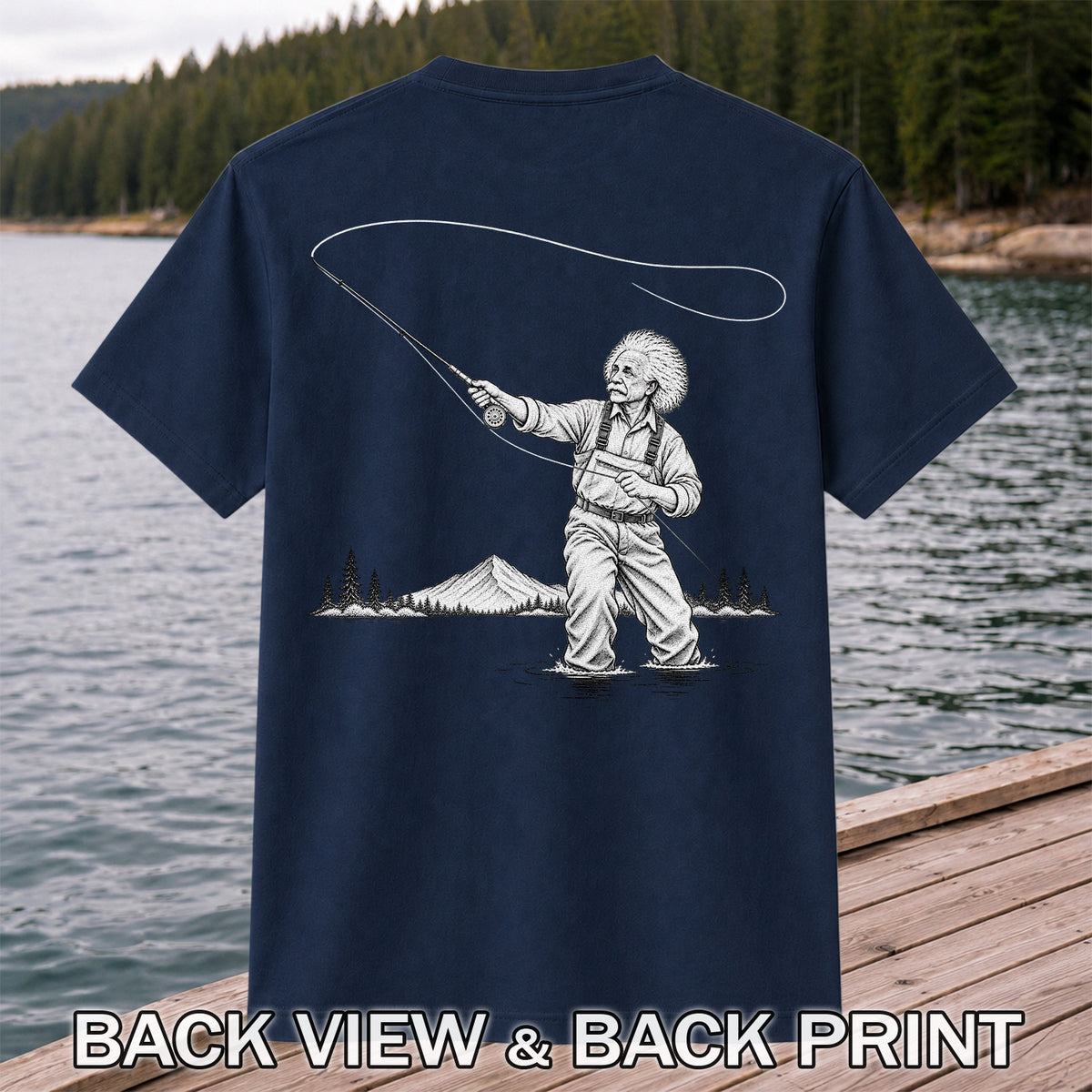 Vintage Fly Fisherman Mountain Lake Fishing Graphic T-Shirt | Back Print