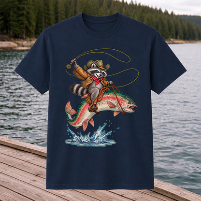Cowboy Raccoon Riding a Rainbow Trout Fishing Graphic T-Shirt