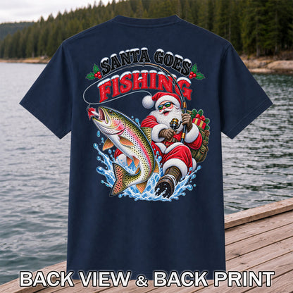 Santa Goes Fishing Rainbow Trout Christmas Graphic T-Shirt | Back Print
