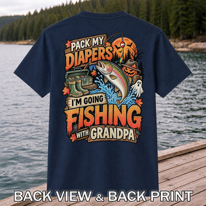 Pack My Diapers I'm Going Fishing With Grandpa Halloween Rainbow Trout T-Shirt | Back Print