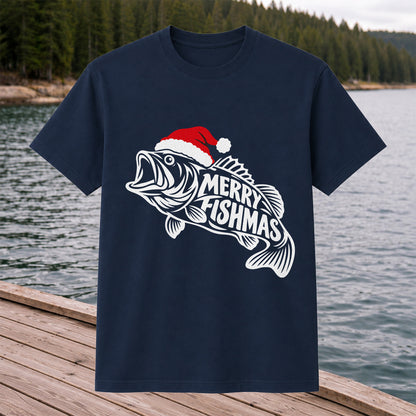 Santa Hat Fish Christmas Fishing Graphic T-Shirt