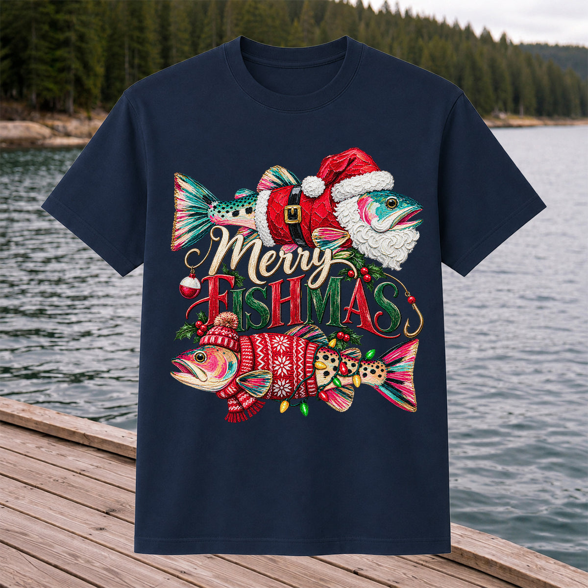 Merry Fishmas Santa Fish Christmas Fishing Graphic T-Shirt