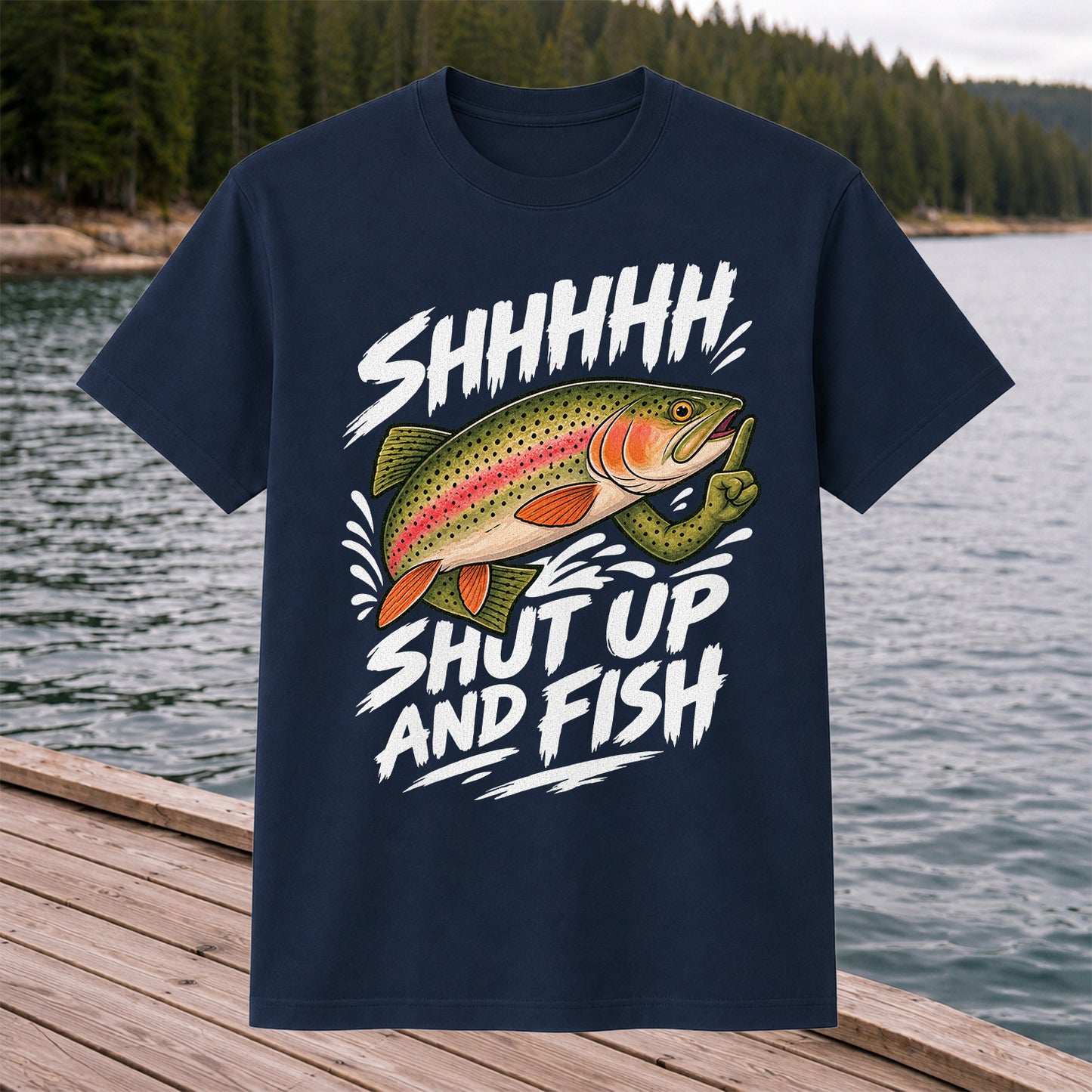 Shhhhh Shut Up and Fish Funny Rainbow Trout Fishing T-Shirt