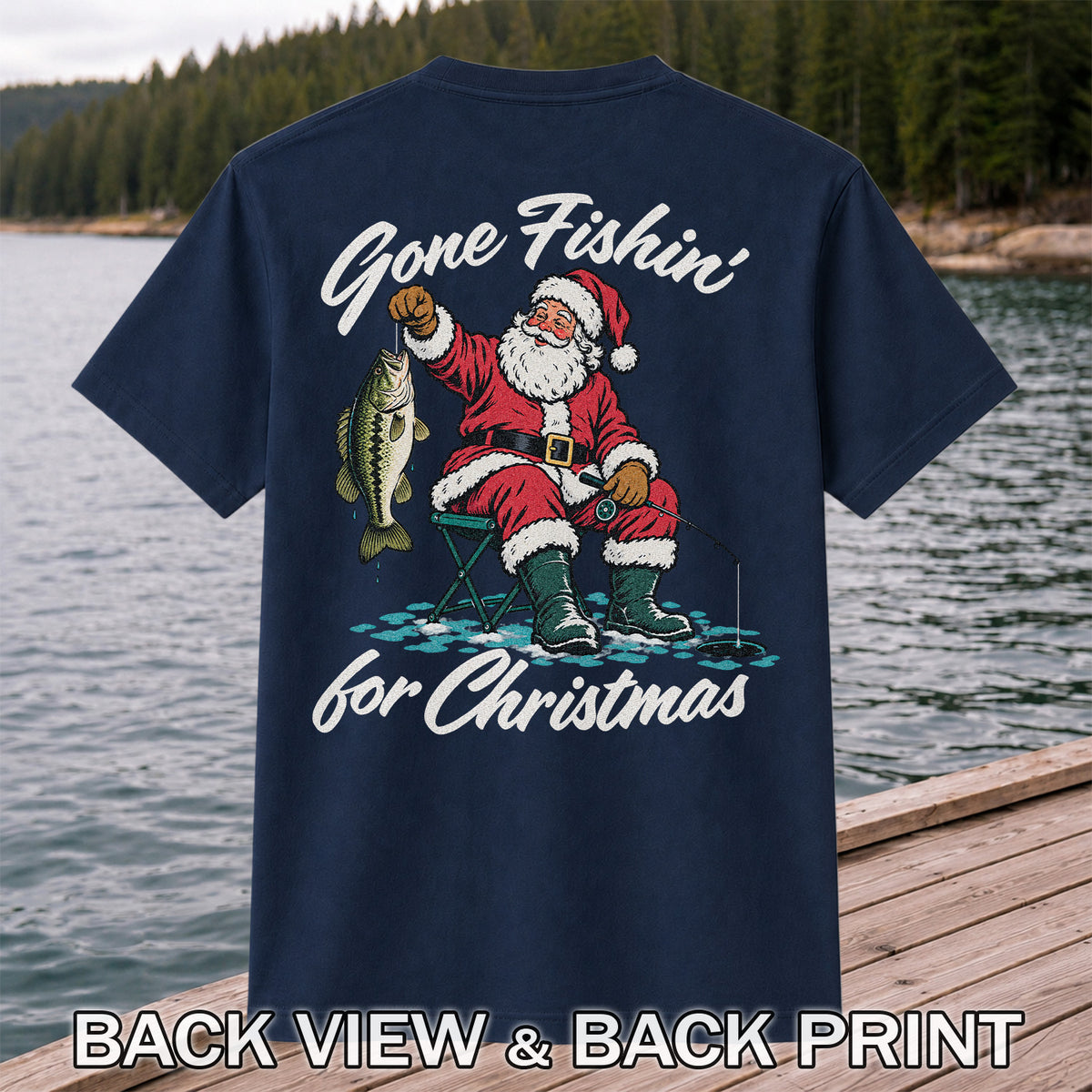 Santa Fishing with Bass Christmas Graphic T-Shirt | Back Print