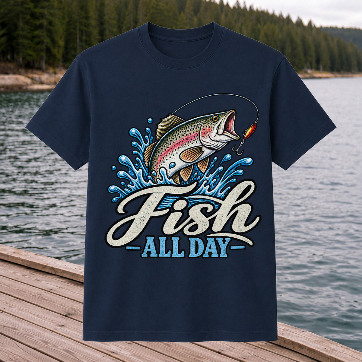 Fish All Day Jumping Rainbow Trout Fishing Graphic T-Shirt