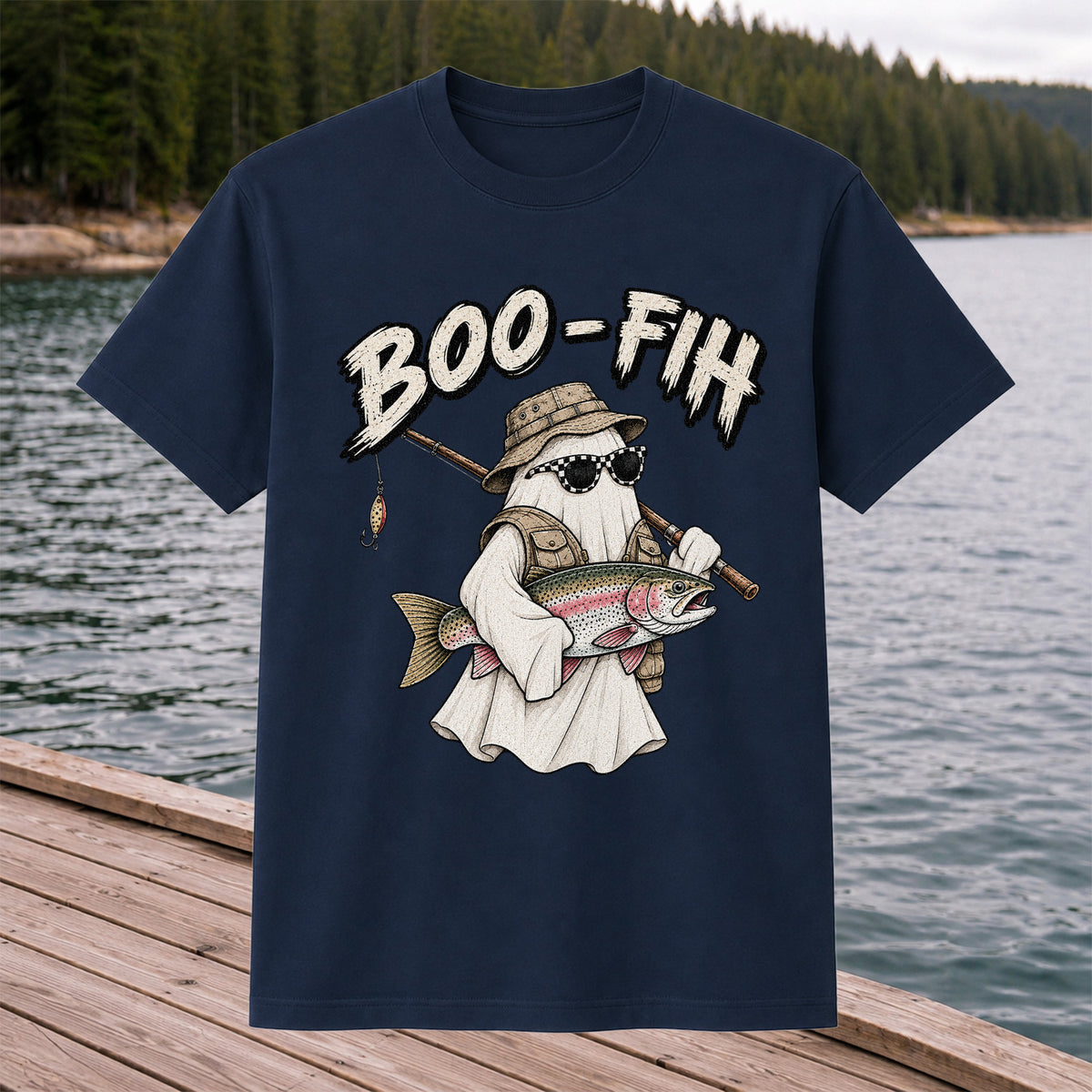 Boo-Fish Ghost Holding Rainbow Trout Fishing Graphic T-Shirt