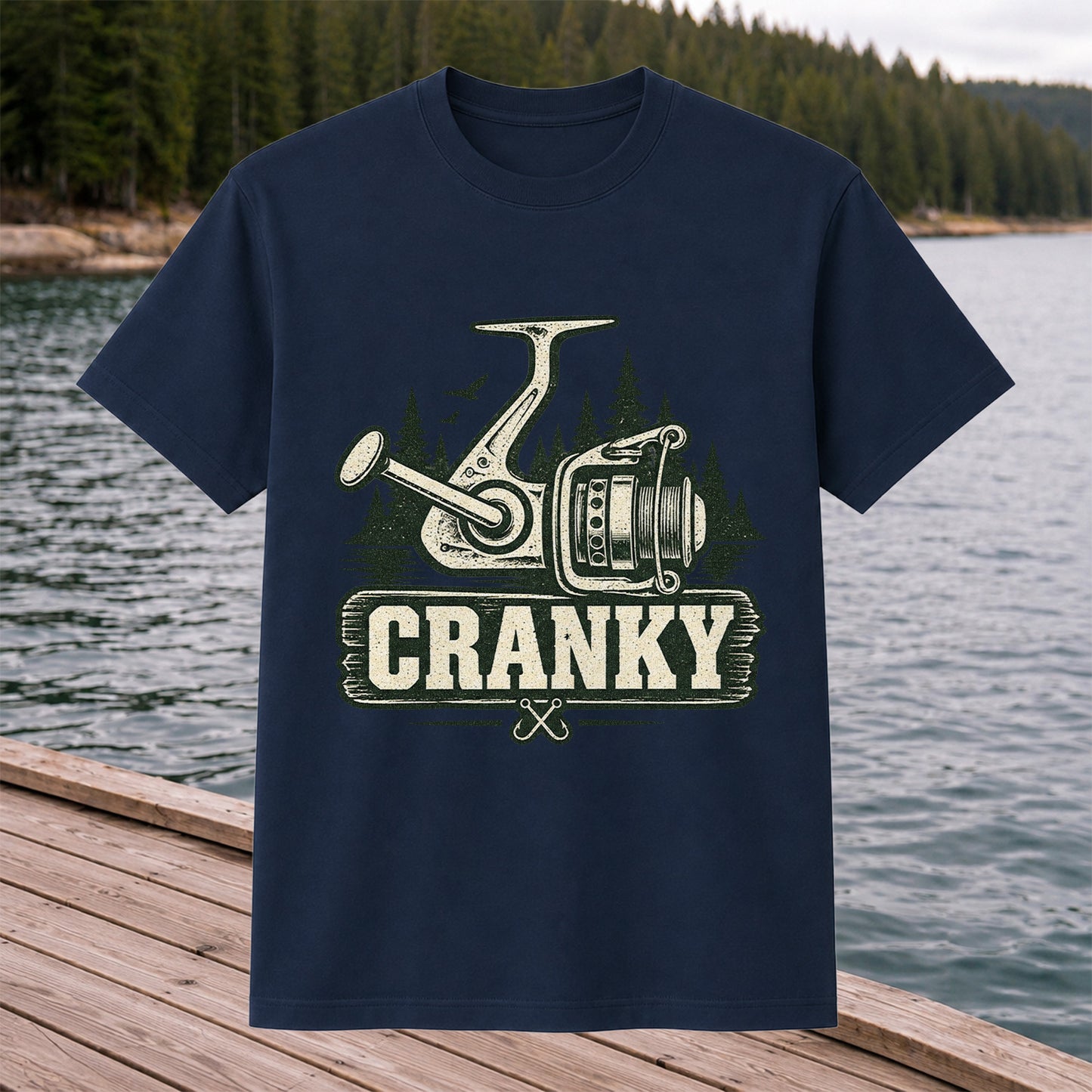 Cranky Vintage Spinning Reel Fishing Graphic T-Shirt