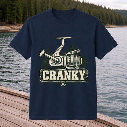 Cranky Vintage Spinning Reel Fishing Graphic T-Shirt