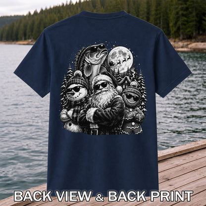 Santa Snowman Gingerbread and Bass Christmas Fishing T-Shirt | Back Print
