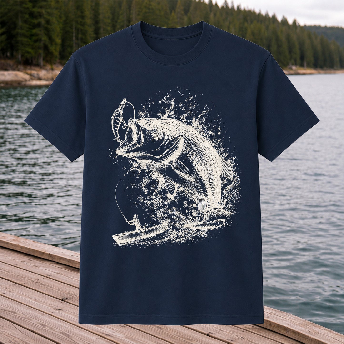 Largemouth Bass Striking Lure from Fishing Boat Graphic T-Shirt