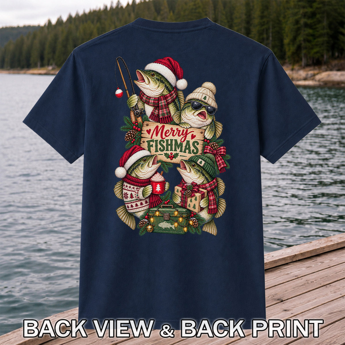 Merry Fishmas Bass Christmas Fishing Graphic T-Shirt | Back Print