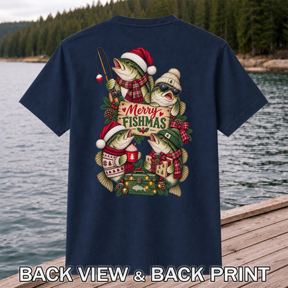 Merry Fishmas Bass Christmas Fishing Graphic T-Shirt | Back Print