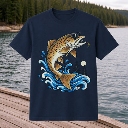 Brown Trout Sunglasses Fishing Graphic T-Shirt with Lure