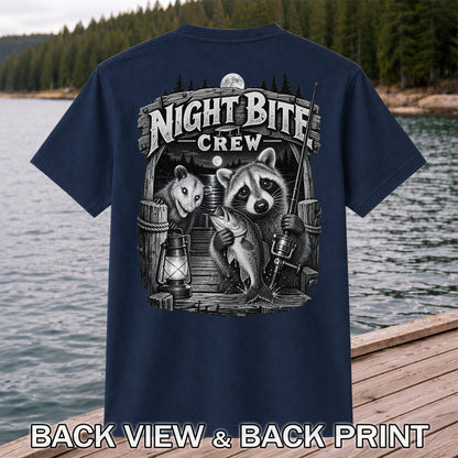 Night Bite Crew Raccoon and Bass Fishing Graphic T-Shirt | Back Print