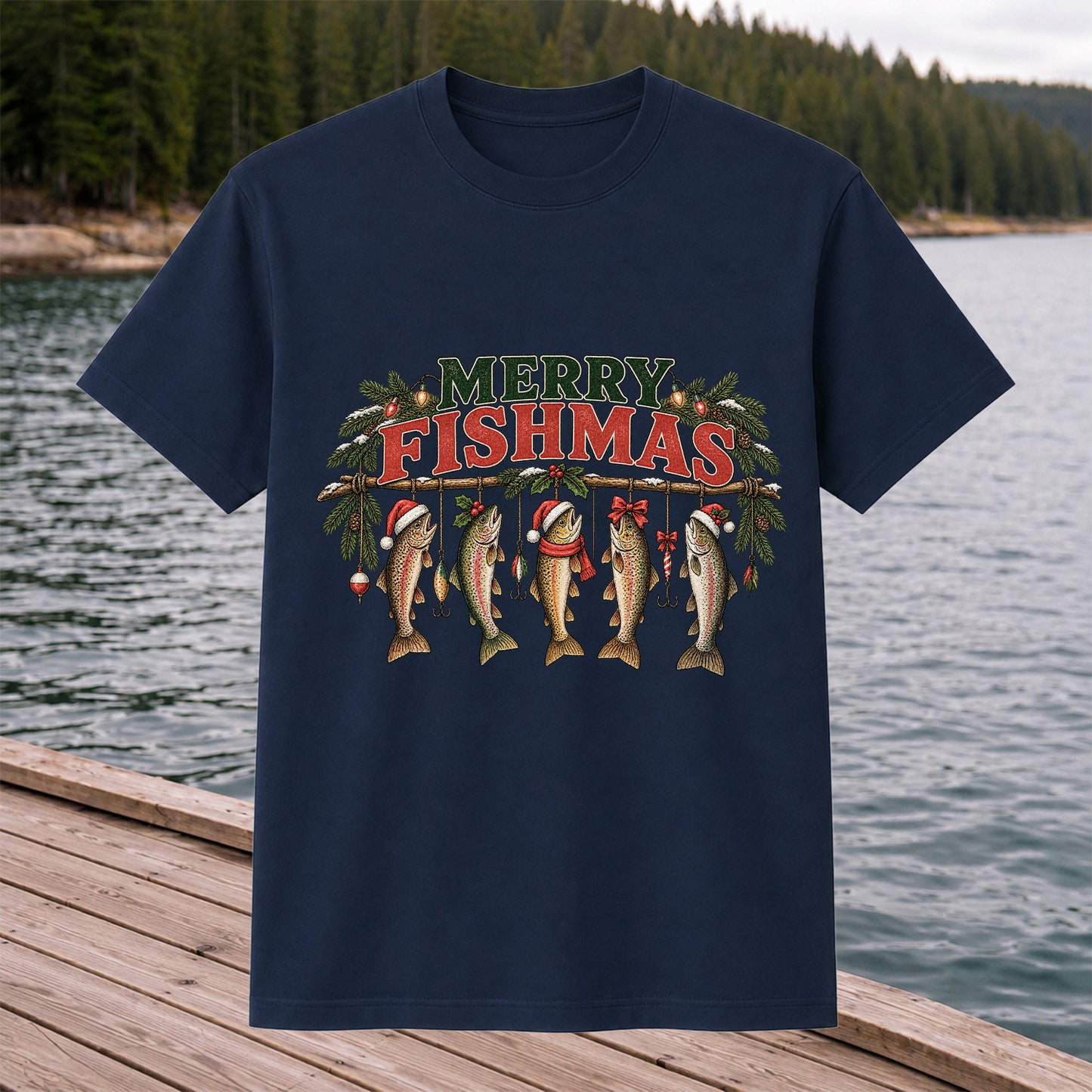 Merry Fishmas Five Christmas Trout Fishing Graphic T-Shirt