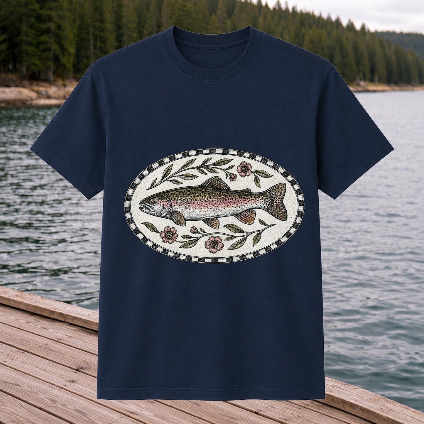 Vintage Floral Rainbow Trout Fishing Graphic T-Shirt