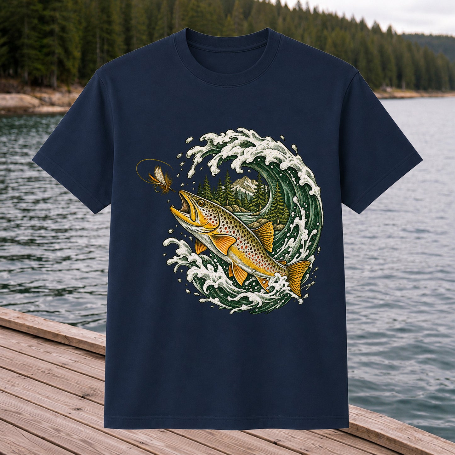 Brown Trout Chasing a Fly Through a Mountain Wave Graphic T-Shirt