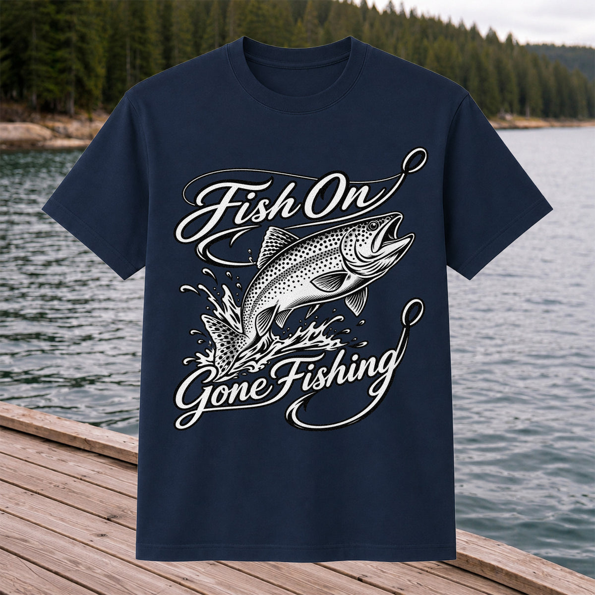 Fish On Gone Fishing Jumping Trout Graphic T-Shirt