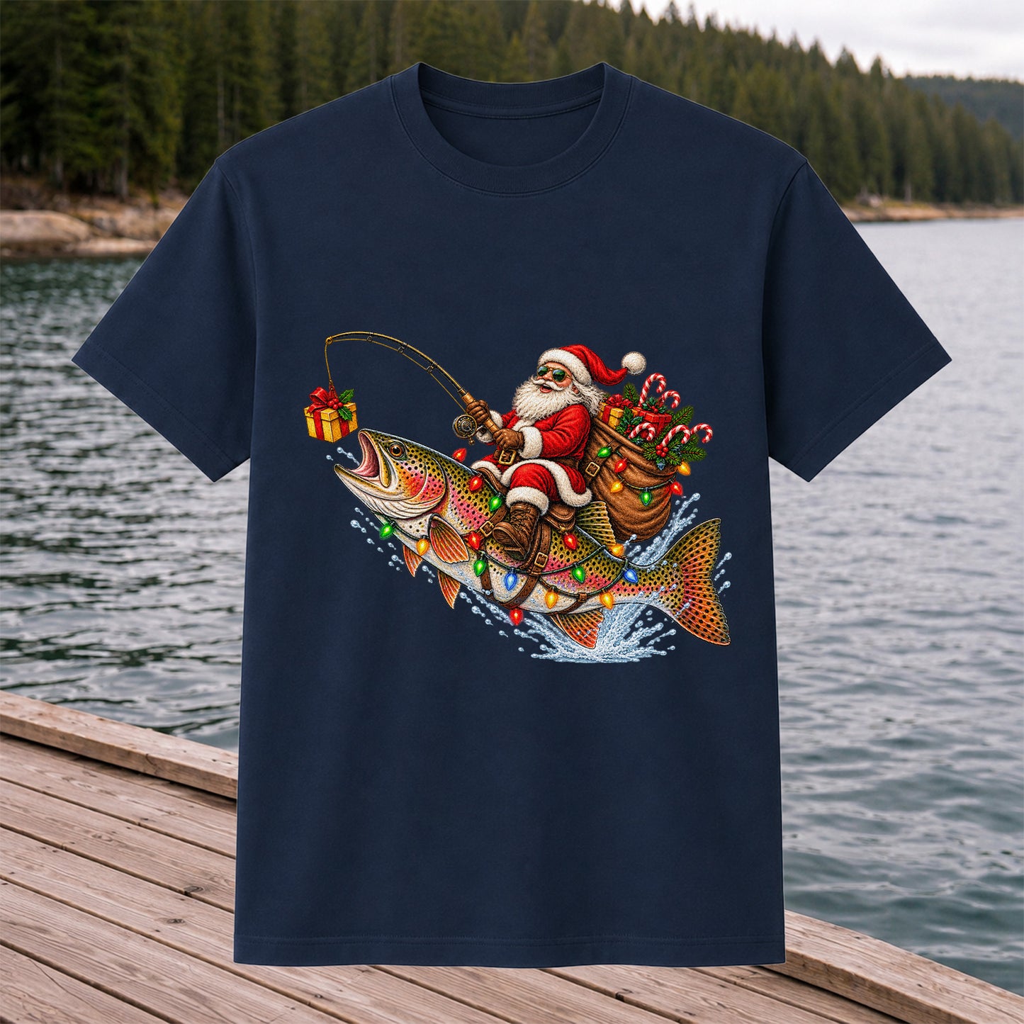 Santa Riding a Rainbow Trout Christmas Fishing Graphic T-Shirt