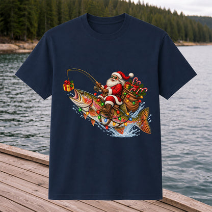 Santa Riding a Rainbow Trout Christmas Fishing Graphic T-Shirt