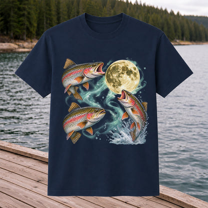 Rainbow Trout Under the Full Moon Fishing Graphic T-Shirt