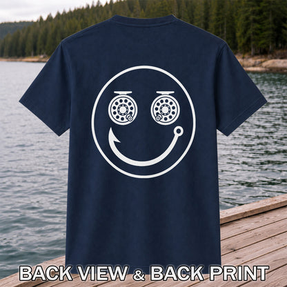 Fishing Reel Eyes Smiley Face Minimalist Graphic T-Shirt | Back Print