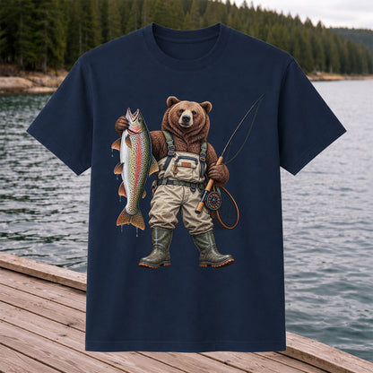 Bear Fishing with Rainbow Trout Outdoor Graphic T-Shirt