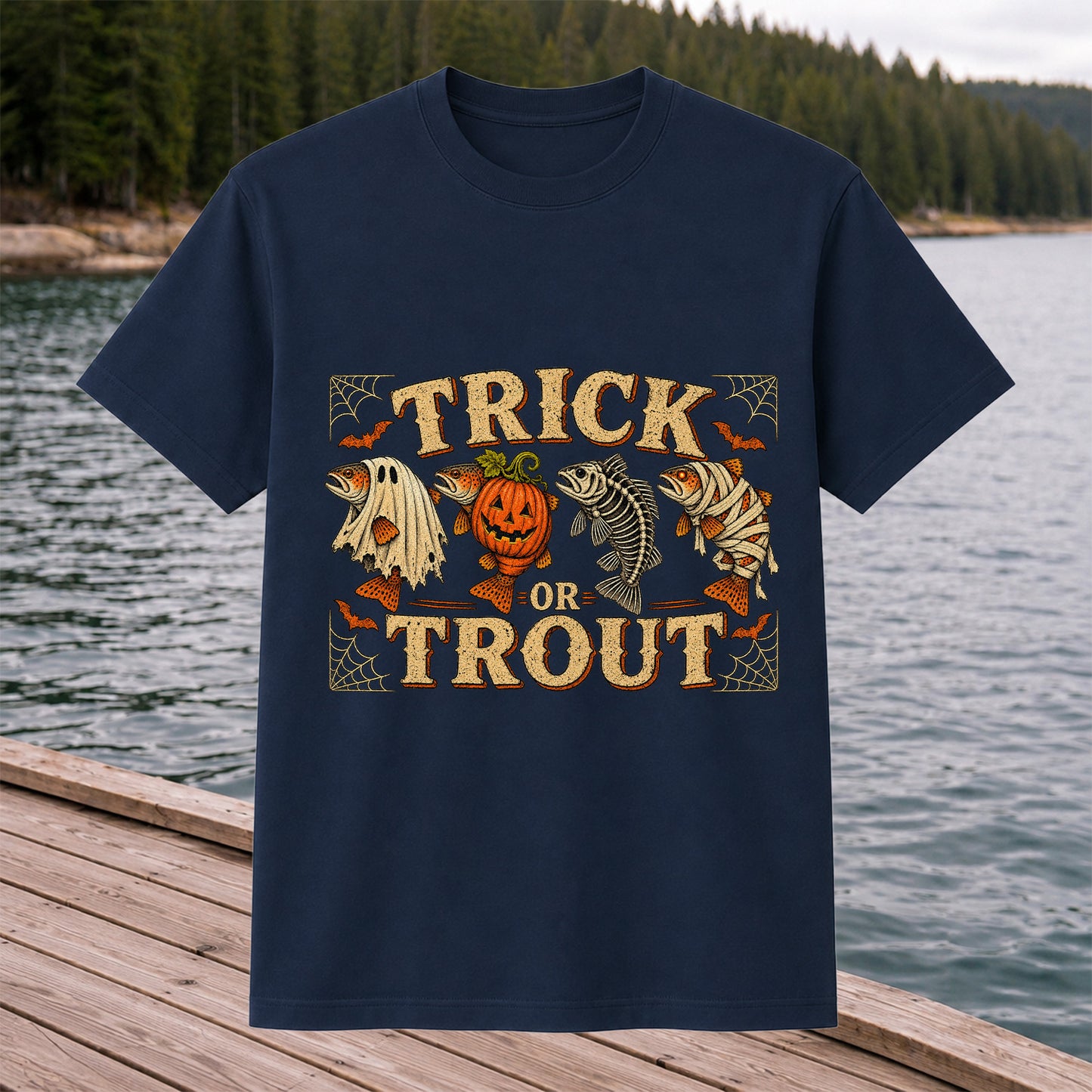 Trick or Trout Halloween Fishing Lineup Graphic T-Shirt