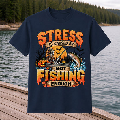 Stress Is Caused by Not Fishing Enough Skeleton Halloween Trout T-Shirt