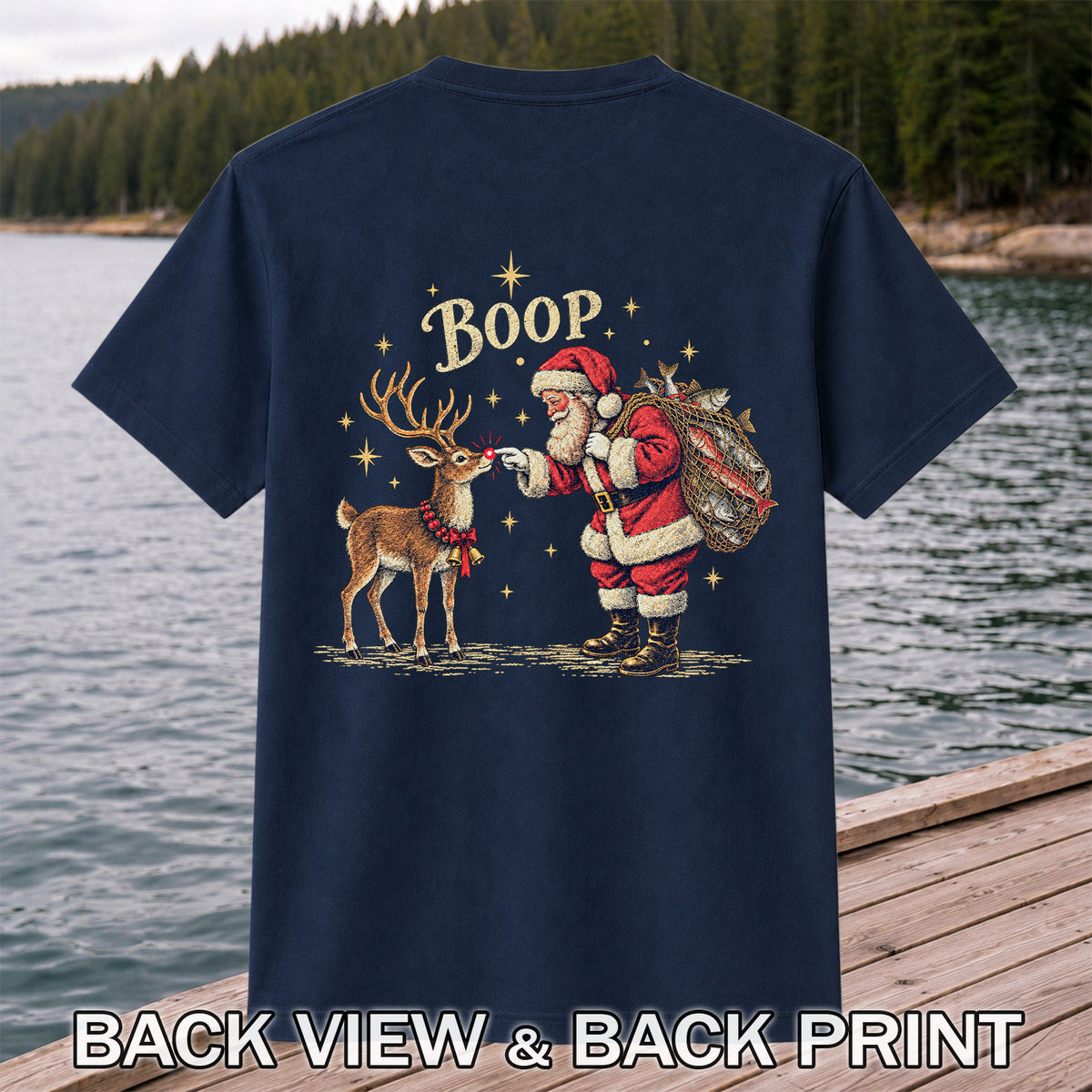 Santa and Reindeer Fishing Christmas Graphic T-Shirt | Back Print