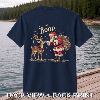 Santa and Reindeer Fishing Christmas Graphic T-Shirt | Back Print