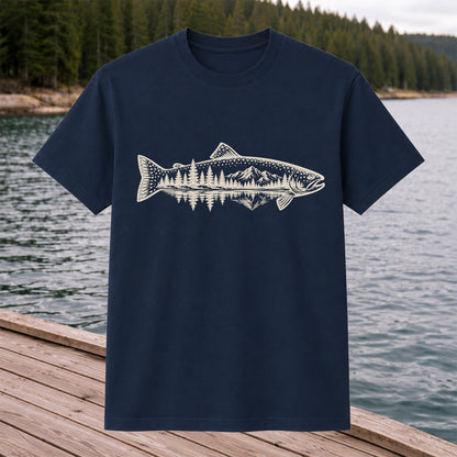 Trout Mountain Forest Reflection Fishing Graphic T-Shirt