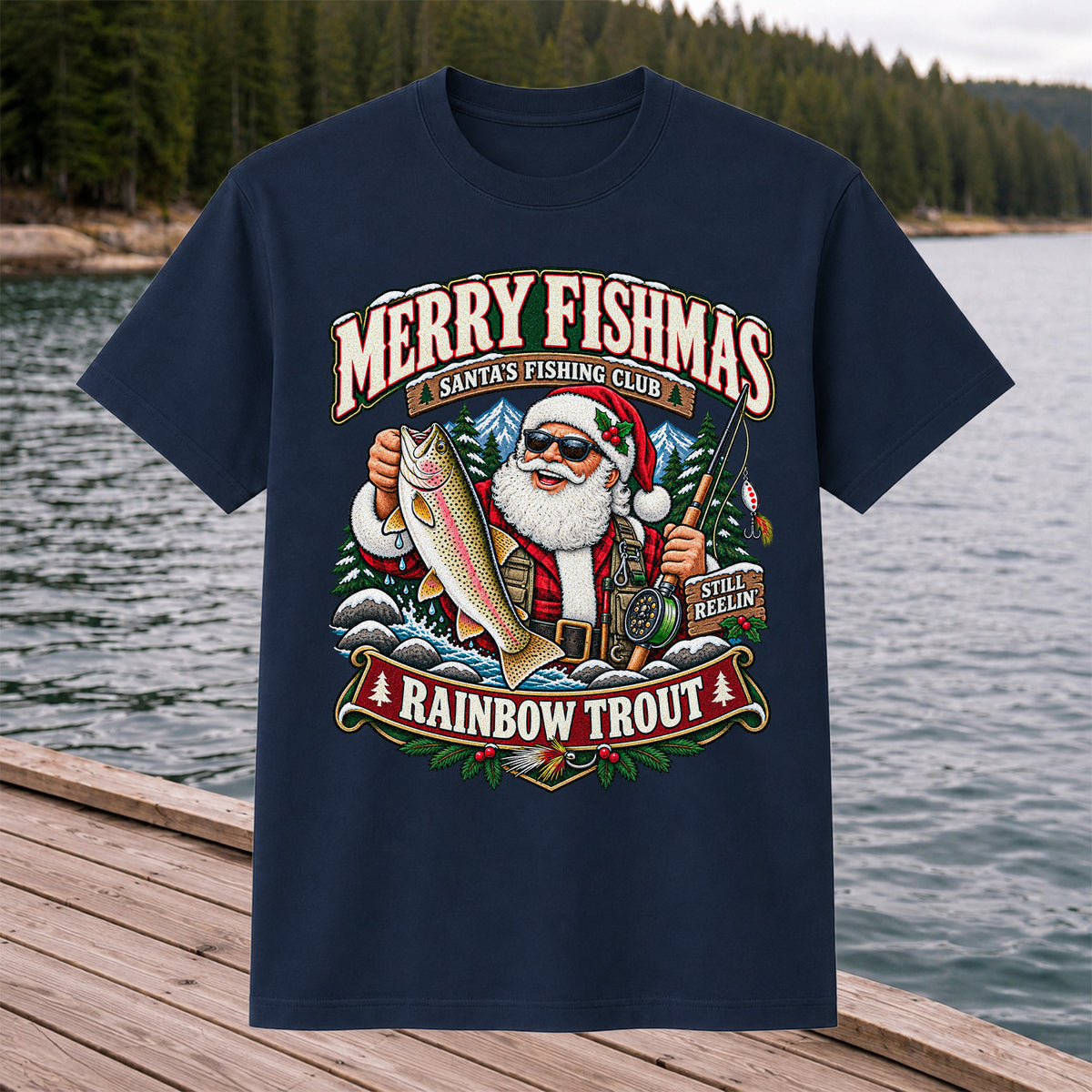 Merry Fishmas Santa's Fishing Club Still Reelin' Rainbow Trout Christmas T-Shirt