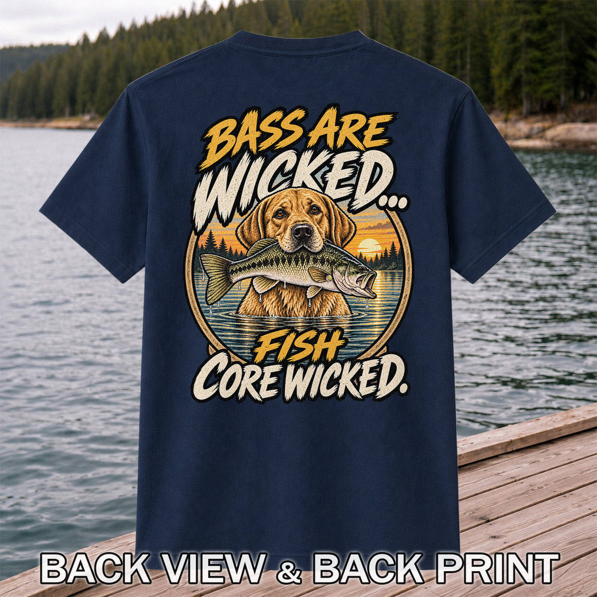 Bass Are Wicked Fish Core Wicked Dog Holding Bass Fishing T-Shirt | Back Print