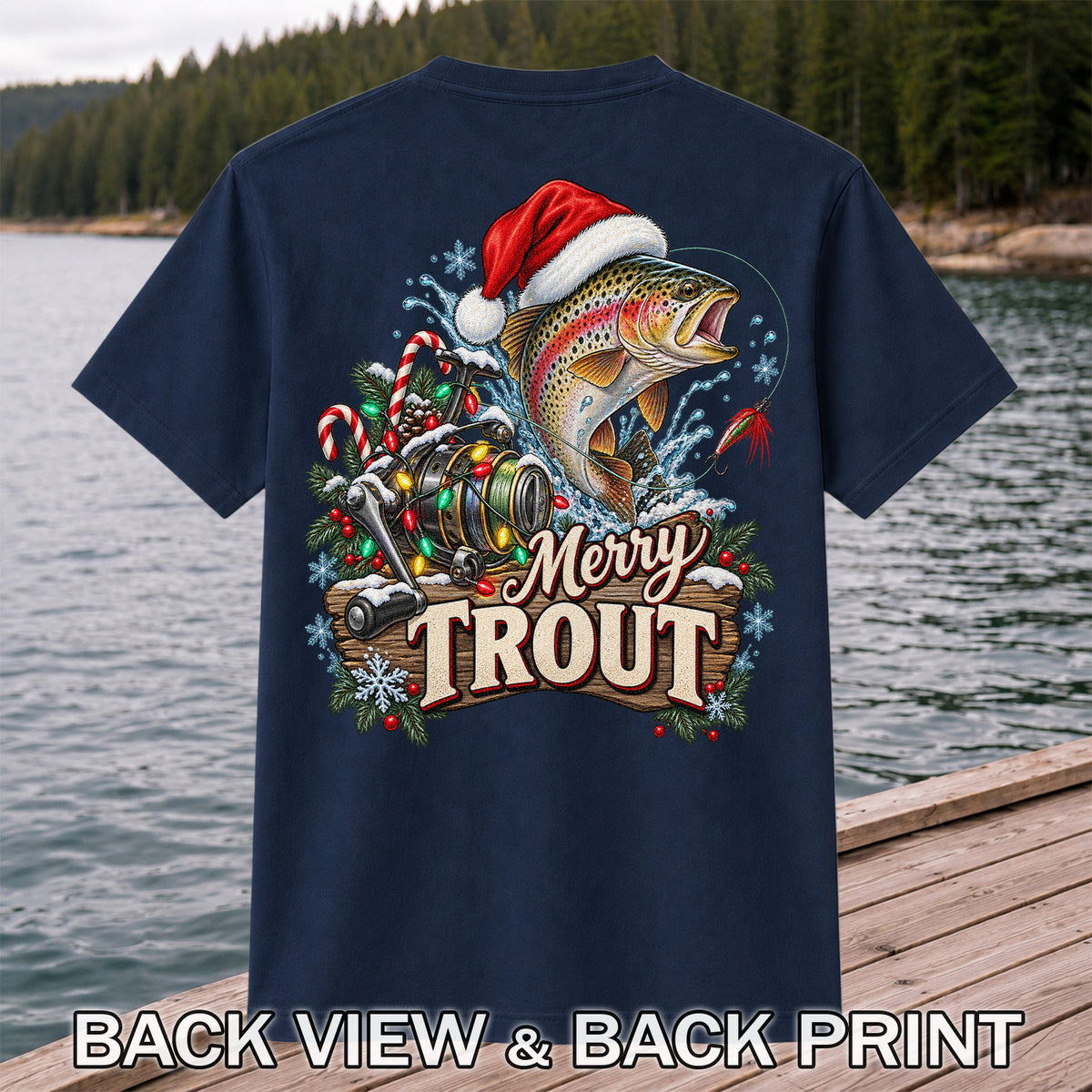Merry Trout Christmas Rainbow Trout and Fishing Reel T-Shirt | Back Print