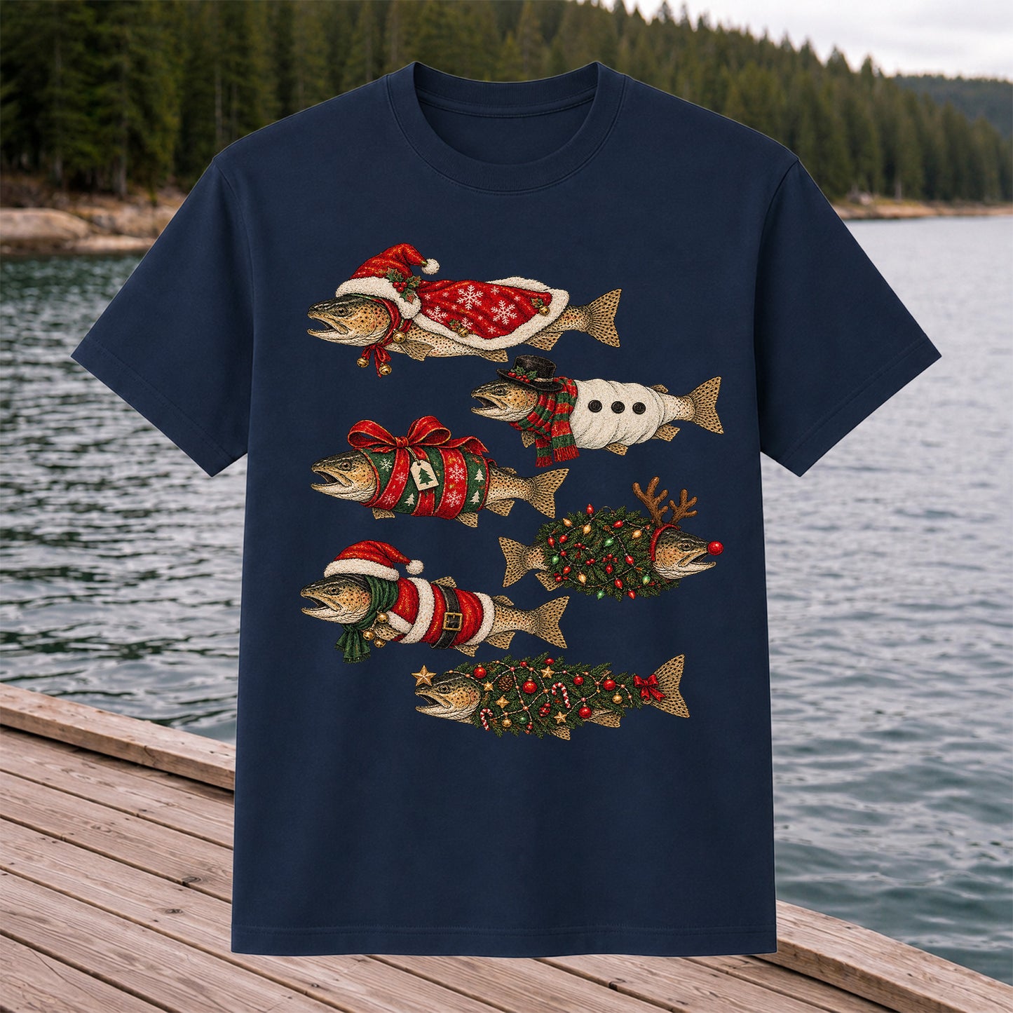 Christmas Trout in Festive Costumes Fishing Graphic T-Shirt