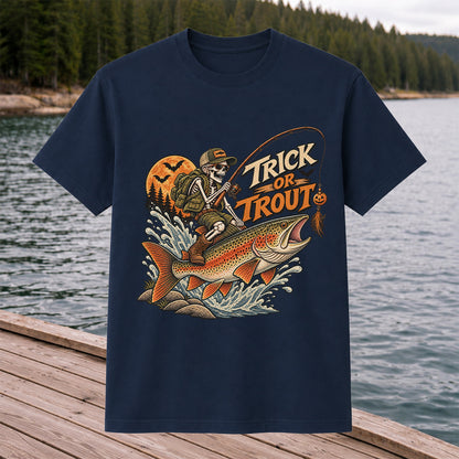 Trick or Trout Halloween Skeleton Angler Fishing T-Shirt