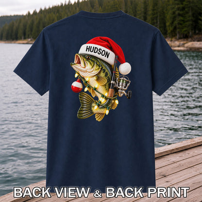 Hudson Santa Hat Bass Christmas Fishing Graphic T-Shirt | Back Print