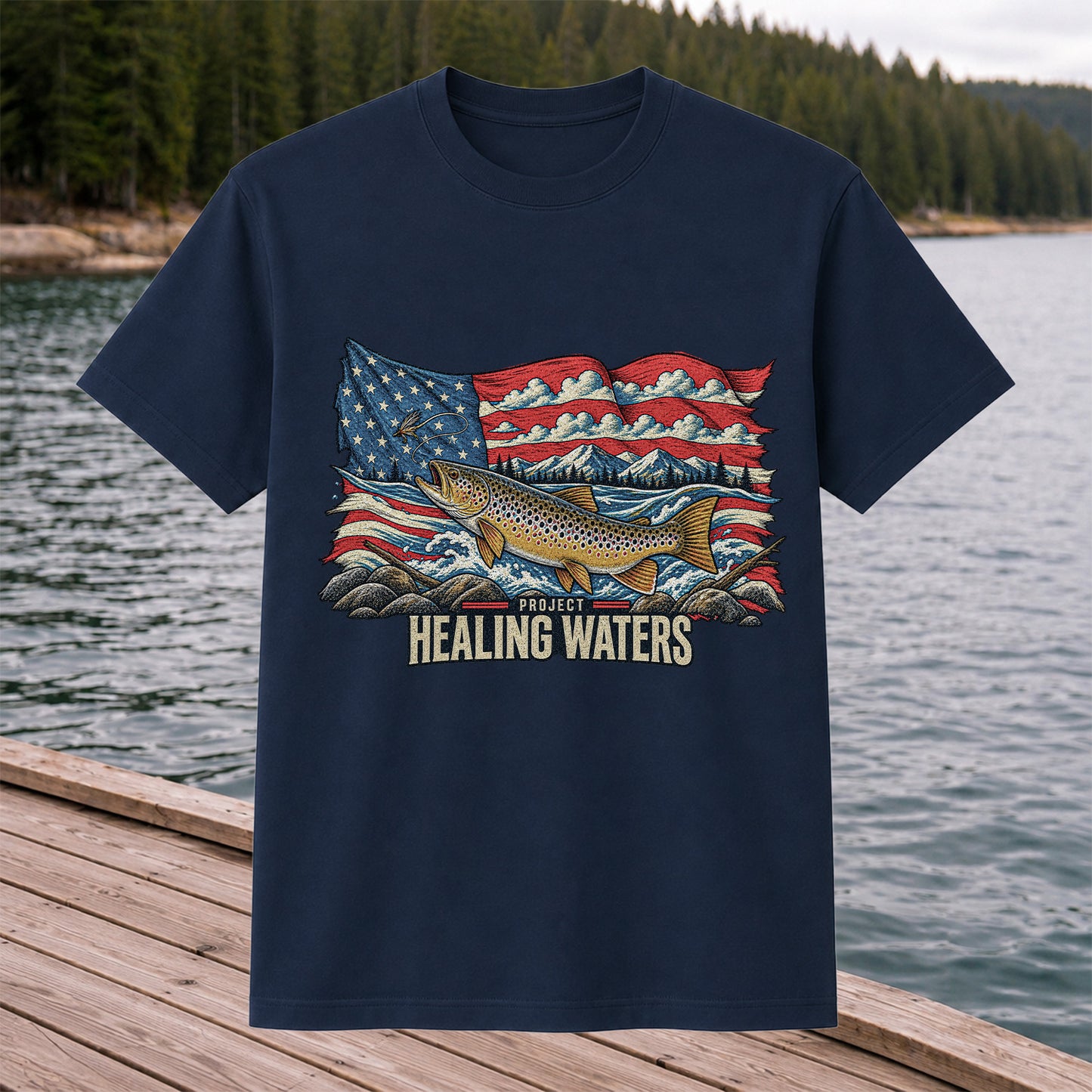 Healing Waters American Flag Brown Trout Fishing Graphic T-Shirt