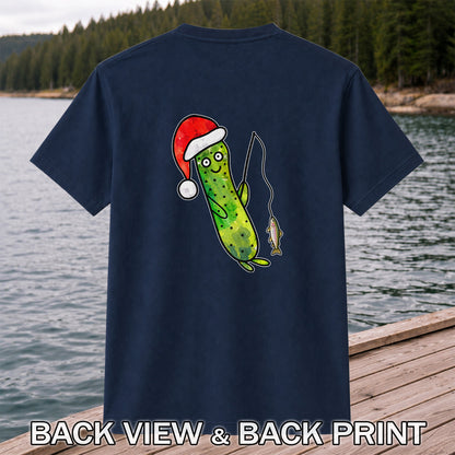 Santa Hat Cucumber Fishing for Trout Graphic T-Shirt | Back Print