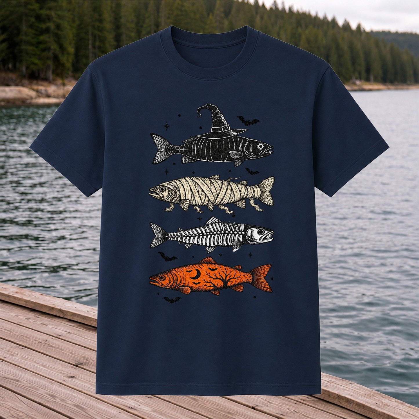 Halloween Witch Mummy Skeleton and Pumpkin Fish Graphic T-Shirt
