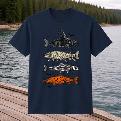Halloween Witch Mummy Skeleton and Pumpkin Fish Graphic T-Shirt