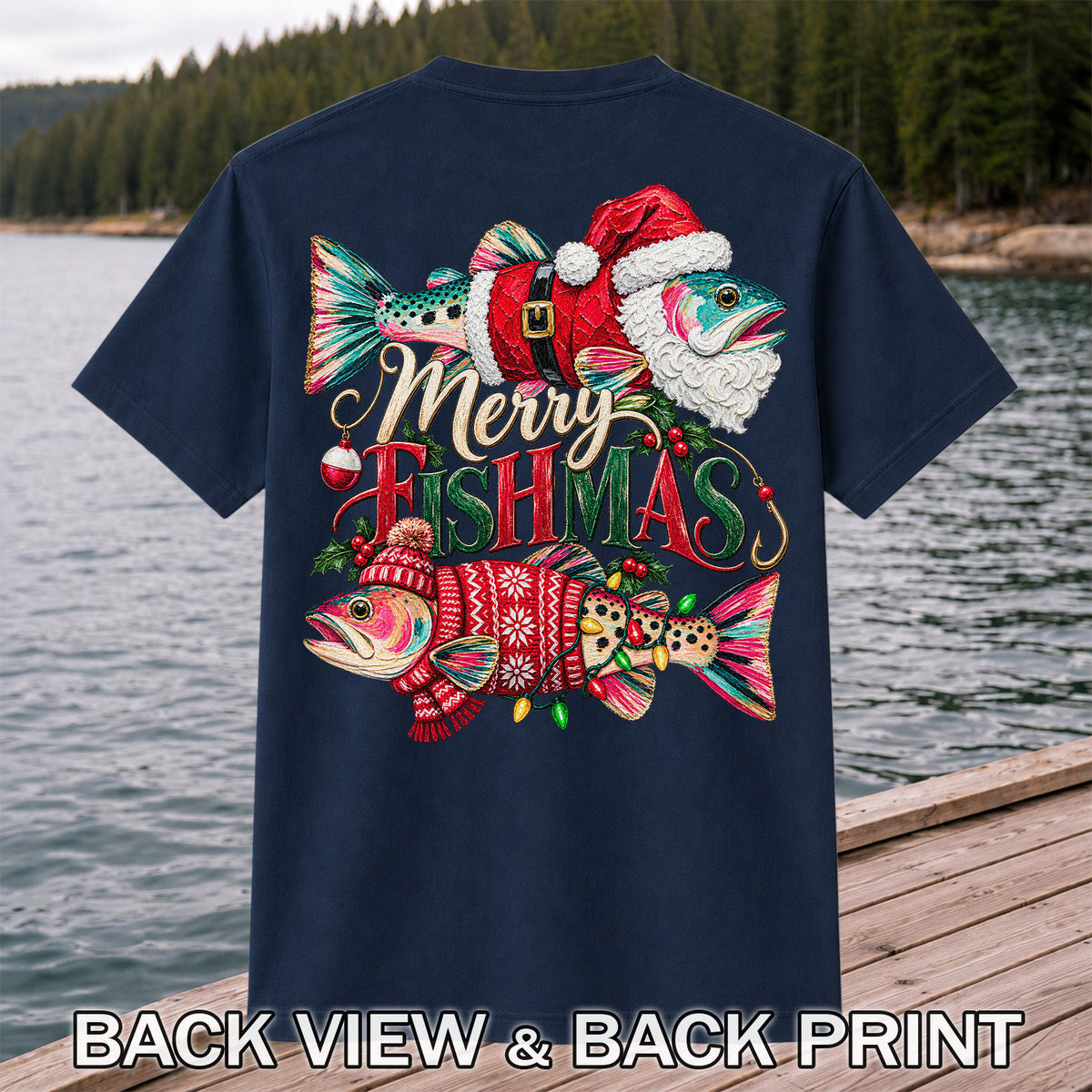 Merry Fishmas Santa Fish Christmas Fishing Graphic T-Shirt | Back Print