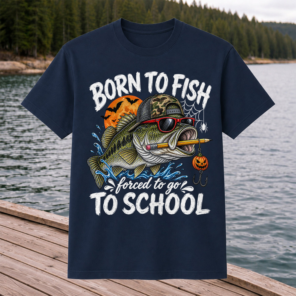 Born to Fish Forced to Go to School Halloween Bass Fishing T-Shirt