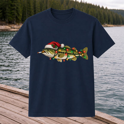 Christmas Bass Fishing Lights and Santa Hat Graphic T-Shirt