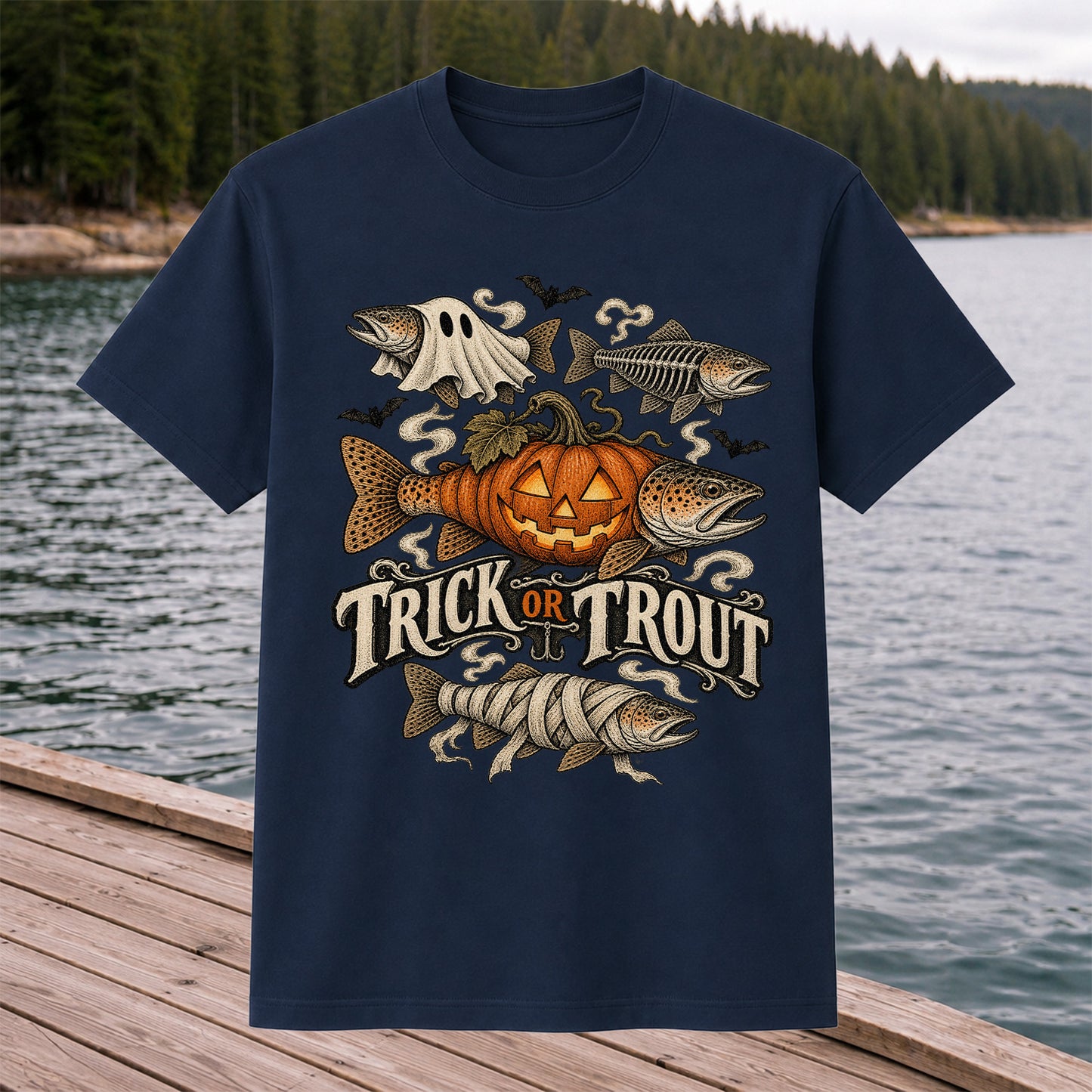 Trick or Trout Spooky Fish Halloween Graphic T-Shirt
